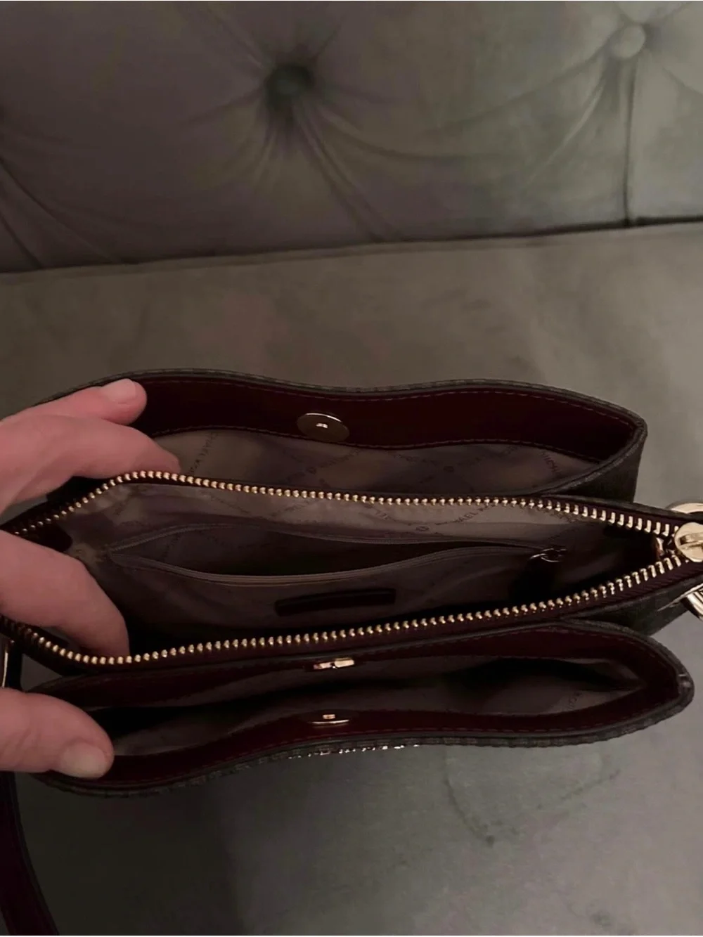 Michael Kors Brown Monogram Crossbody with Plum Accents